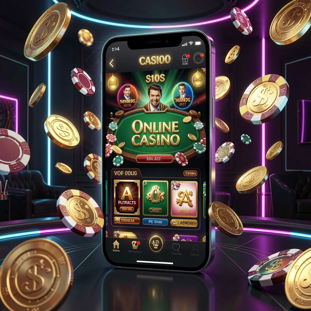 JYJILE online casino mobile app hero banner showing a modern smartphone with a glowing casino interface, golden coins and poker chips flying around against a dark luxury background with neon accents