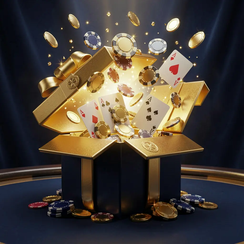 A luxurious welcome bonus scene for JYJILE online casino featuring an open golden gift box with casino chips, playing cards, and sparkling coins bursting out against a premium dark blue and black background with a bright golden glow in an elegant festive mood