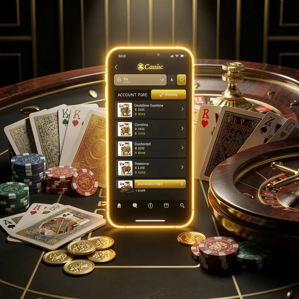 JYJILE online casino account portal featuring a glowing smartphone, premium cards, chips, roulette wheel, and coins against a black and gold background with cinematic lighting in a realistic 3D render