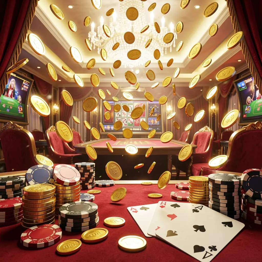 JYJILE online gaming platform homepage banner featuring bright casino lights, golden coins raining, poker chips and playing cards in the foreground with a luxury red and gold atmosphere in a high detail 3D render