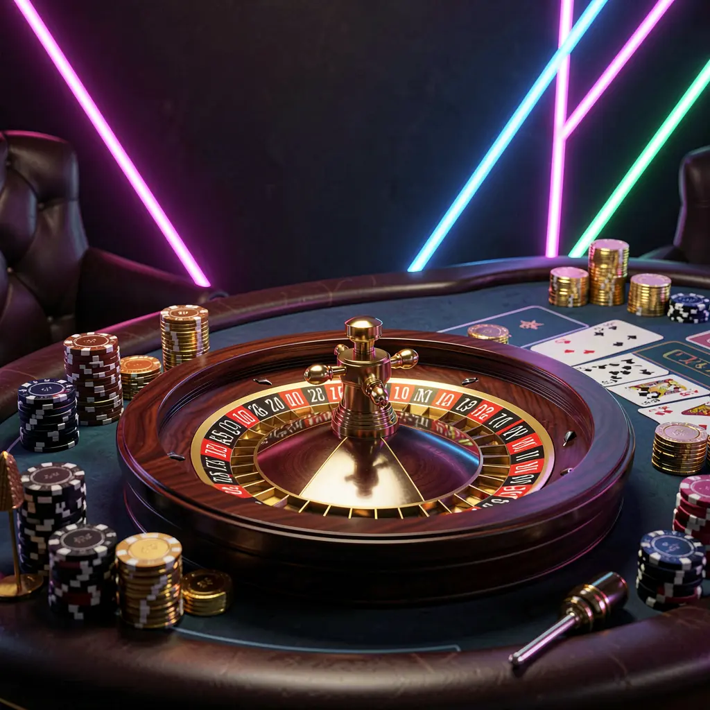 JYJILE online casino homepage hero banner featuring a luxury casino table with a roulette wheel, poker chips, playing cards, and golden coins on a dark premium background with neon glow in a cinematic 3D render